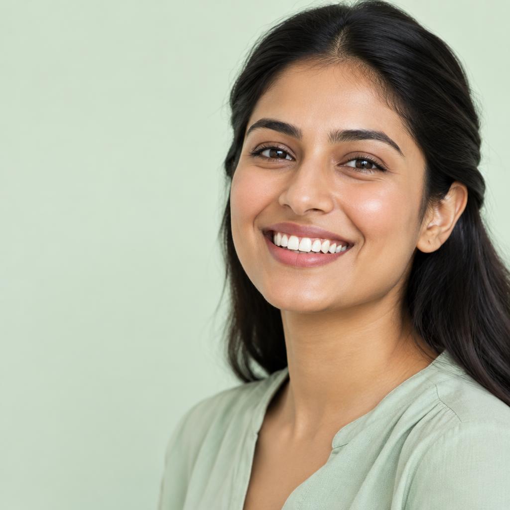 A woman smiling naturally and confidently